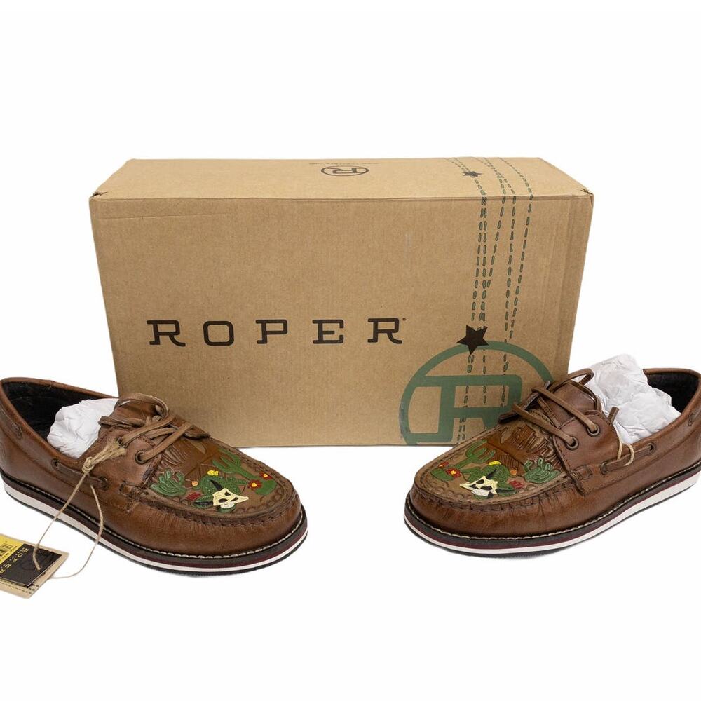 New Roper Women's Brown Burnished Cactus Western Leather Moccasins 5